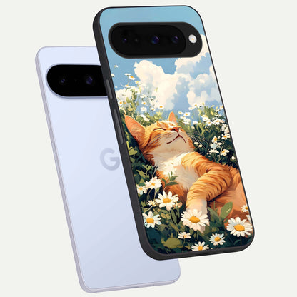  Cat And Flowers View phone case For Google Pixel 10 showing premium glass back cover with detailed artwork