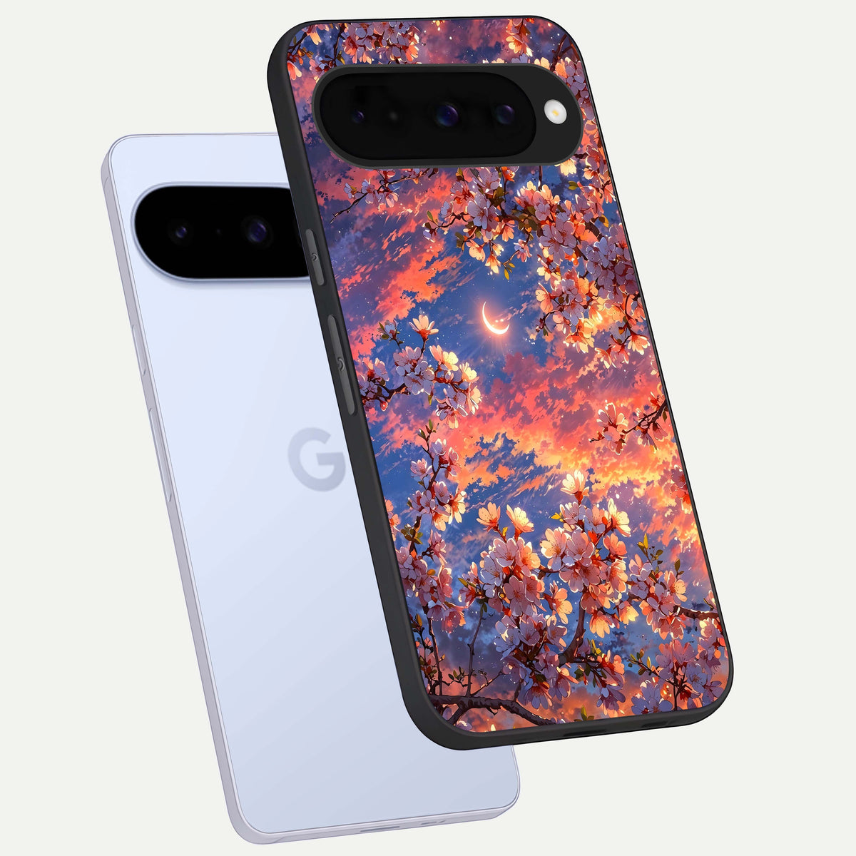  Celestial Sakura Sunset phone case For Google Pixel 10 showing premium glass back cover with detailed artwork