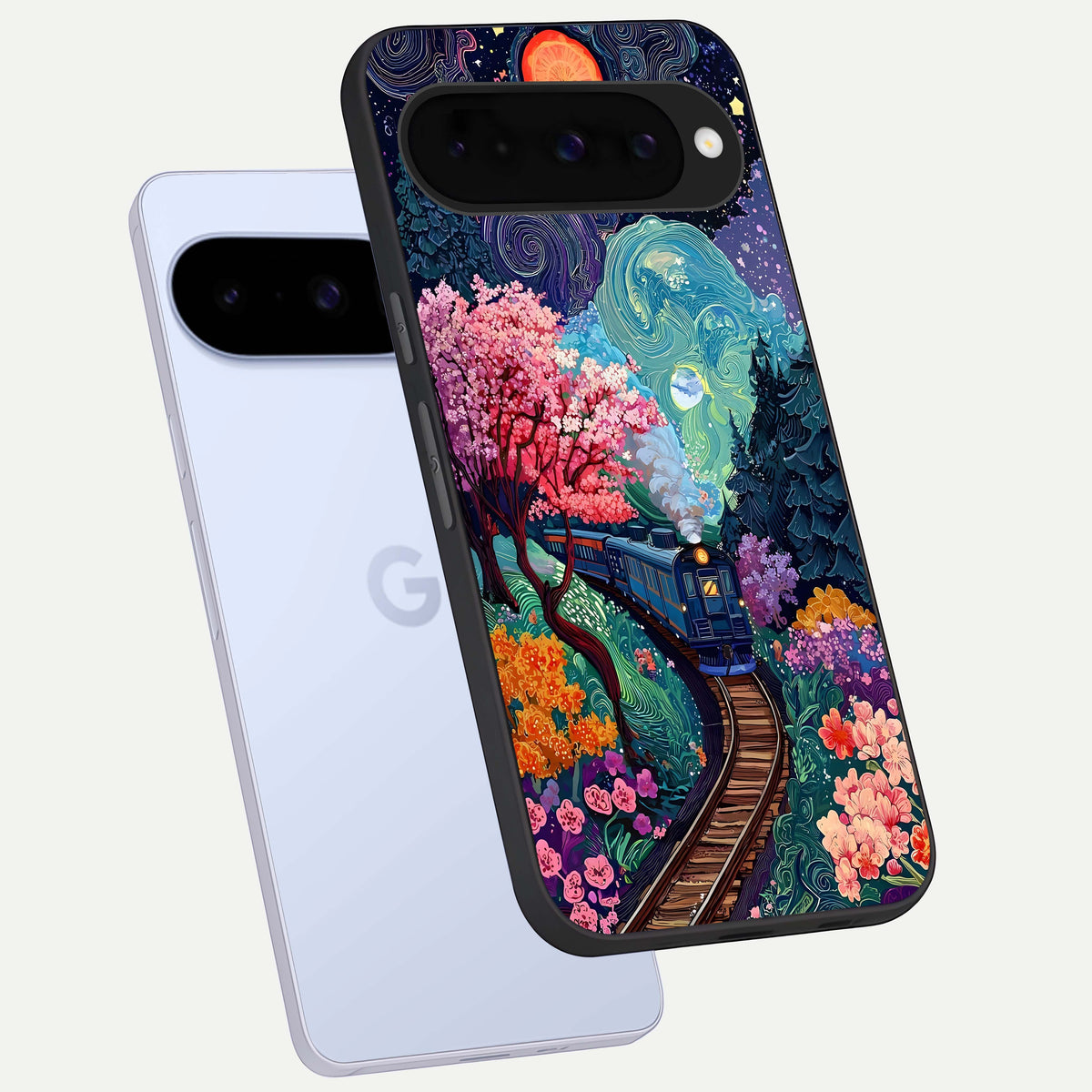  Celestial Train Journey phone case For Google Pixel 10 showing premium glass back cover with detailed artwork