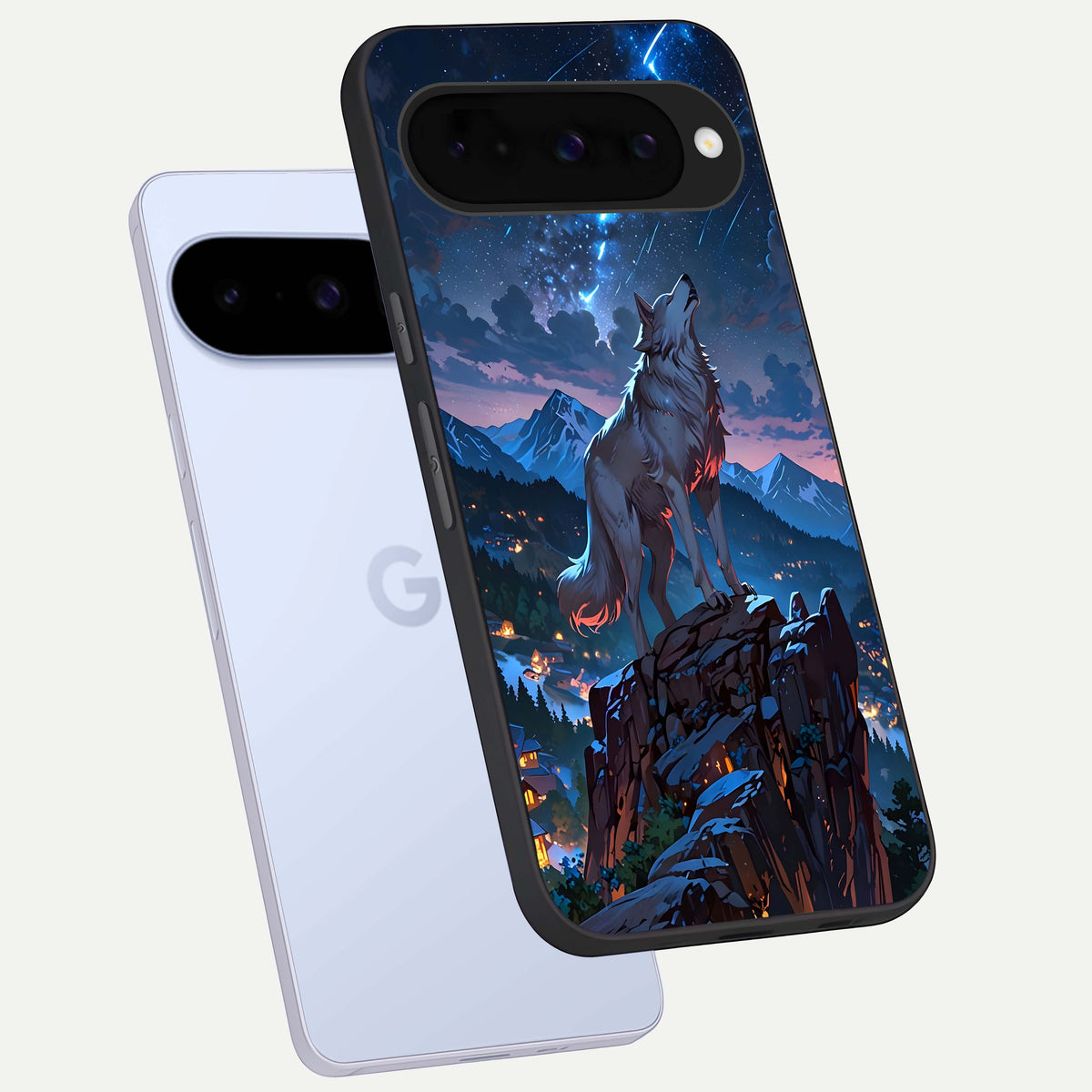  Celestial Wolf Howl phone case For Google Pixel 10 showing premium glass back cover with detailed artwork