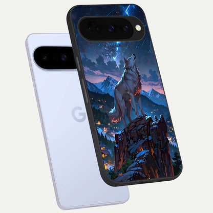  Celestial Wolf Howl phone case For Google Pixel 10 showing premium glass back cover with detailed artwork