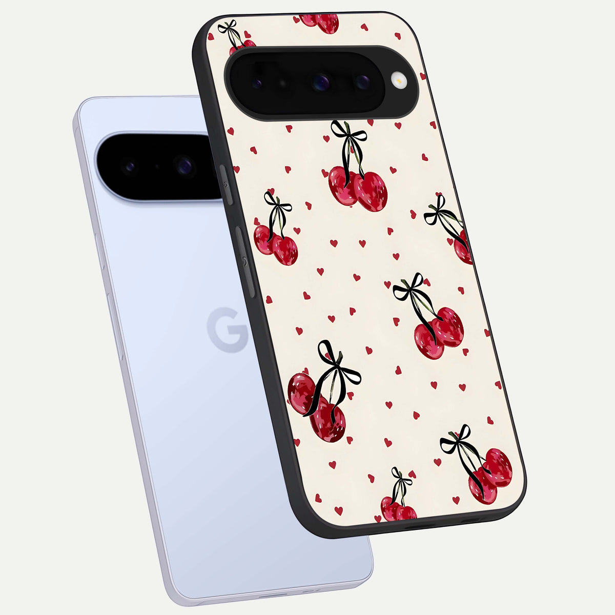  Cherry Heart Bow phone case For Google Pixel 10 showing premium glass back cover with detailed artwork