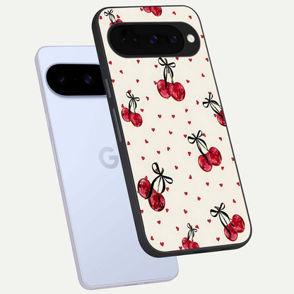  Cherry Heart Bow phone case For Google Pixel 10 showing premium glass back cover with detailed artwork