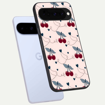  Cherry Heart Line phone case For Google Pixel 10 showing premium glass back cover with detailed artwork