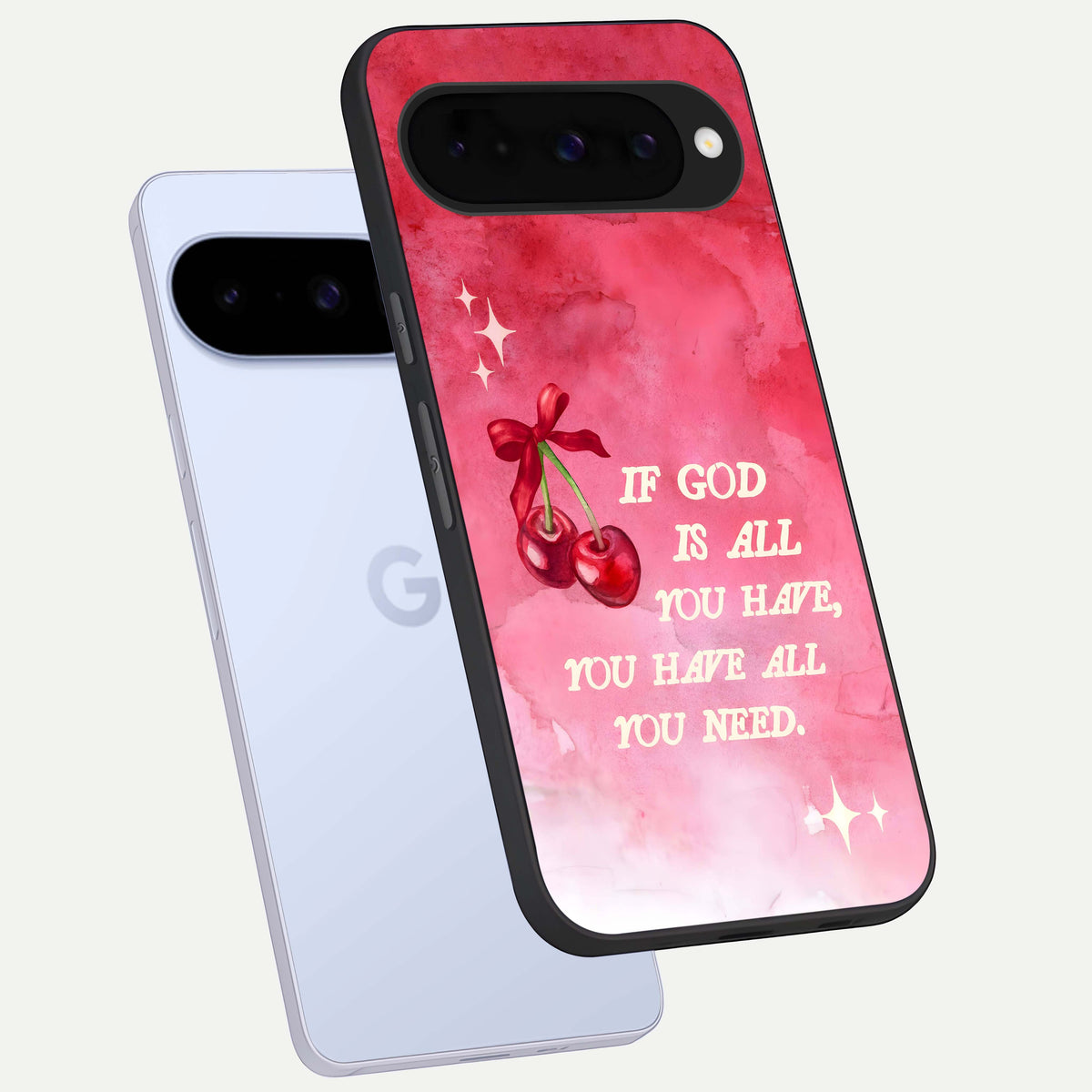  Cherry Quote phone case For Google Pixel 10 showing premium glass back cover with detailed artwork