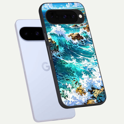  Coastal Blue Waves phone case For Google Pixel 10 showing premium glass back cover with detailed artwork