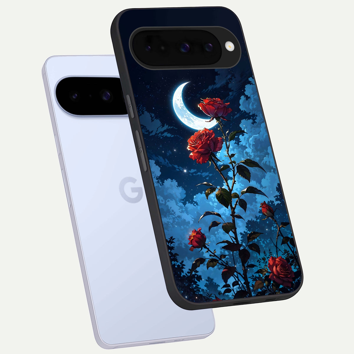  Crimson Rose Moon phone case For Google Pixel 10 showing premium glass back cover with detailed artwork