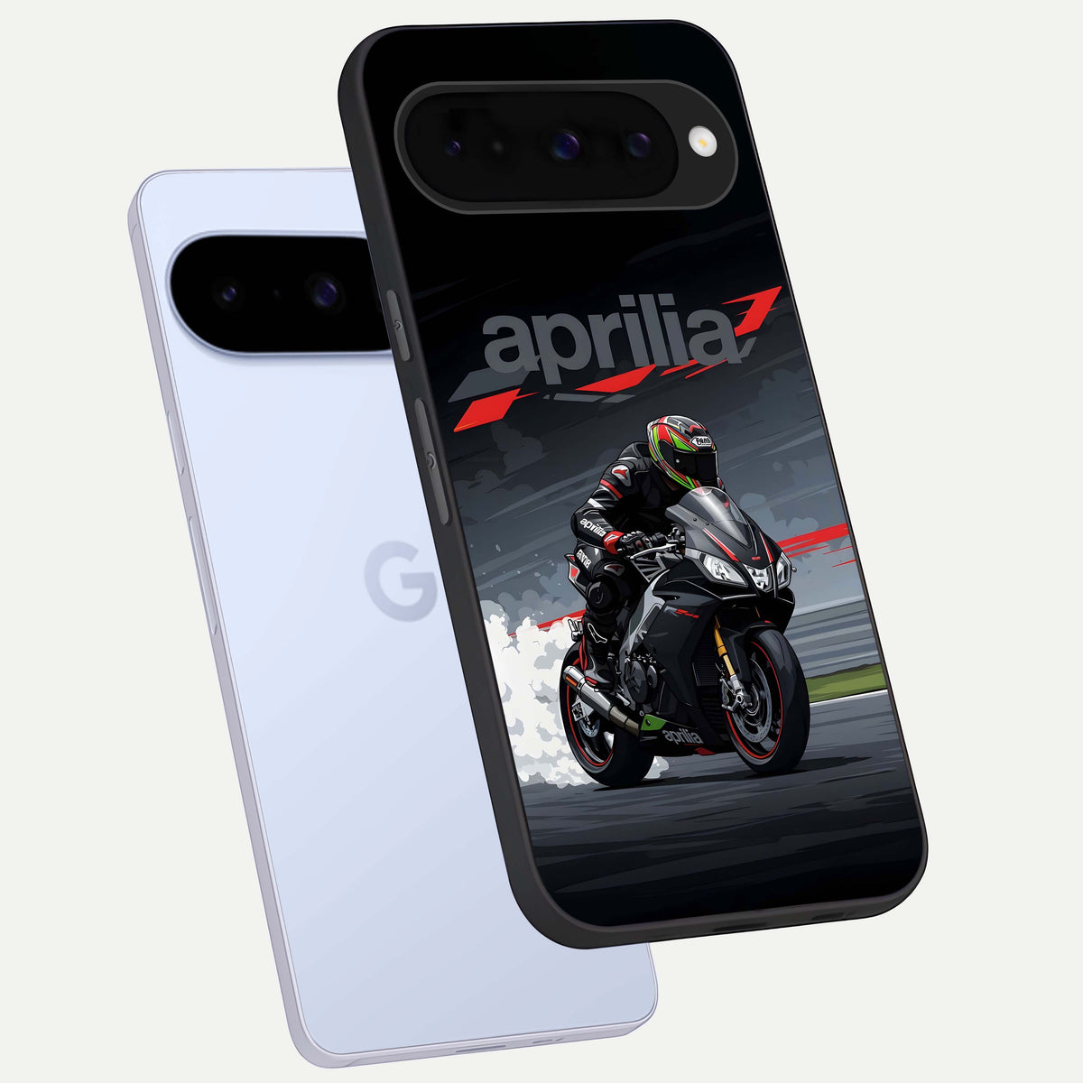  Dark Aprilla phone case For Google Pixel 10 showing premium glass back cover with detailed artwork