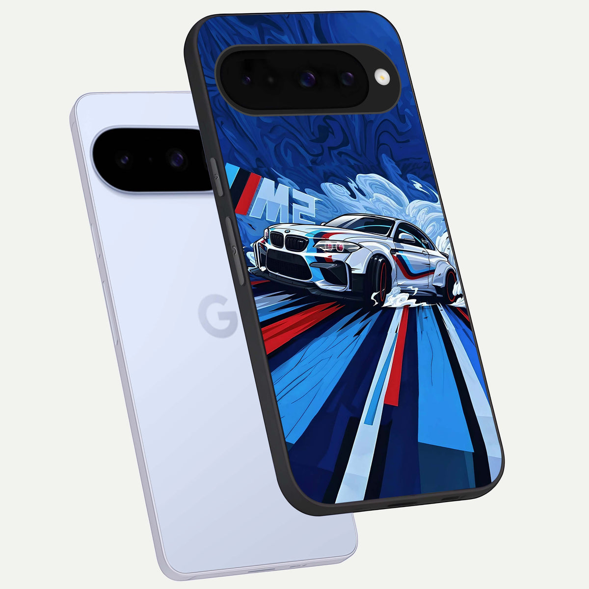  Drift Power Rush phone case For Google Pixel 10 showing premium glass back cover with detailed artwork