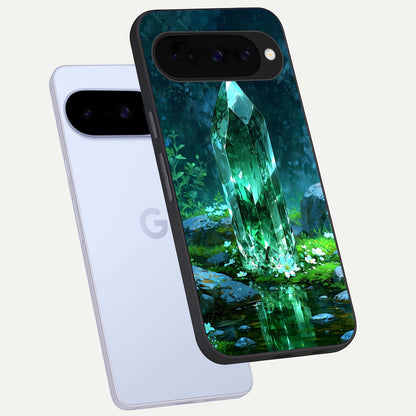  Emerald Light Crystal phone case For Google Pixel 10 showing premium glass back cover with detailed artwork