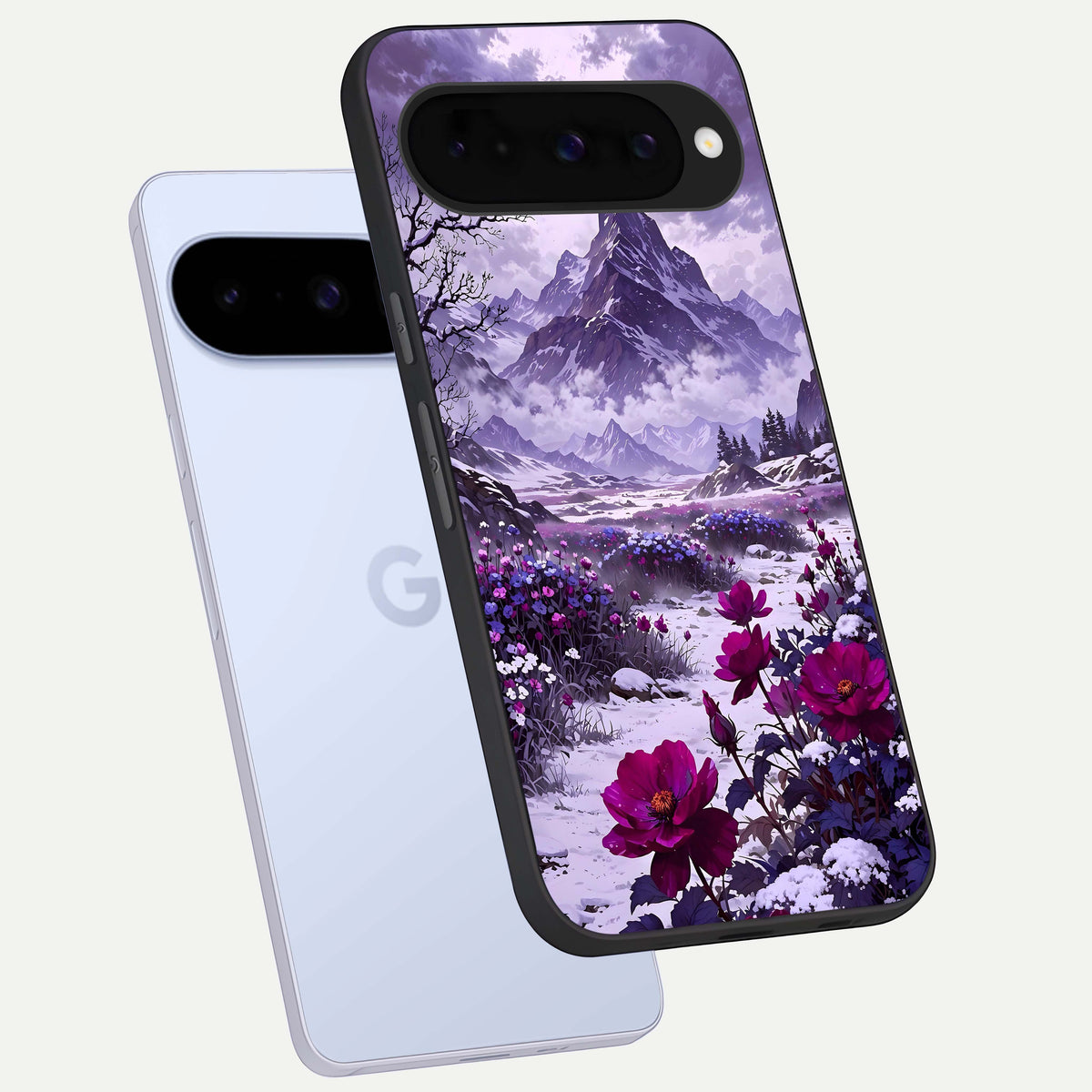  Flower Mountain View phone case For Google Pixel 10 showing premium glass back cover with detailed artwork