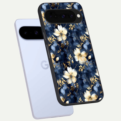  Golden Midnight Bloom phone case For Google Pixel 10 showing premium glass back cover with detailed artwork