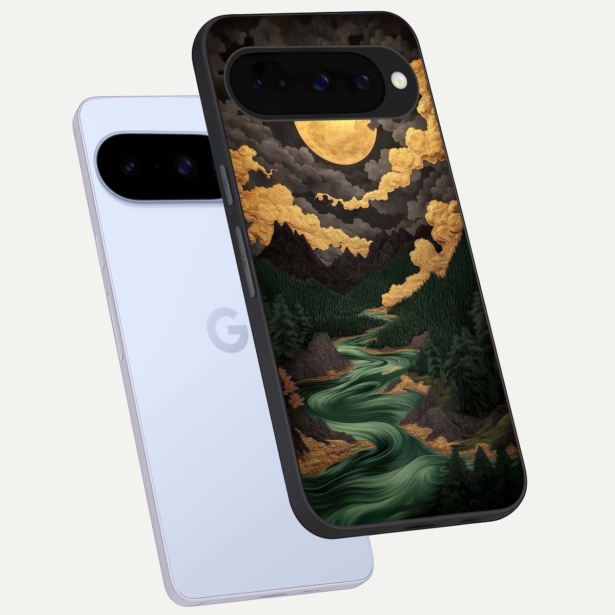  Golden River Moon phone case For Google Pixel 10 showing premium glass back cover with detailed artwork