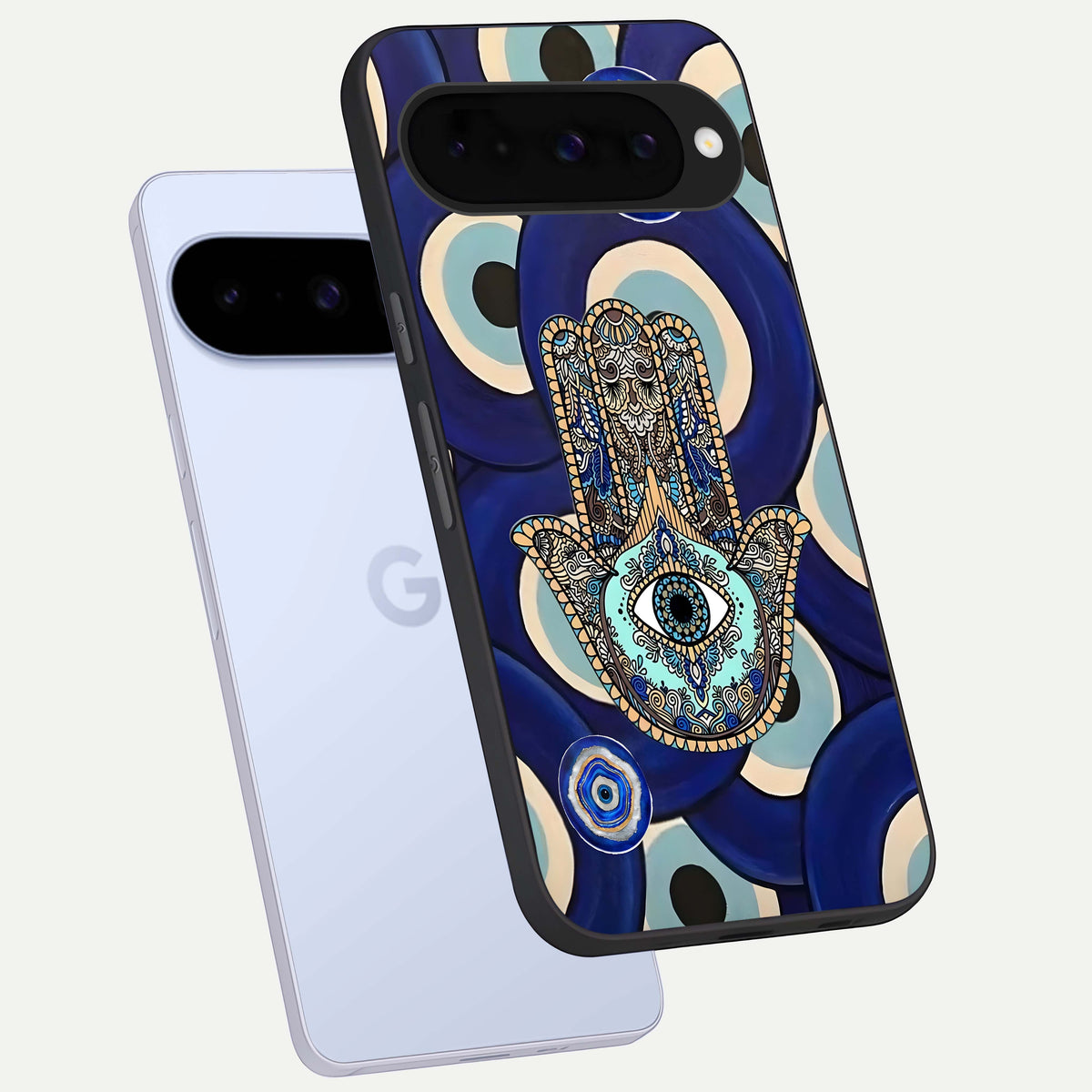  Hamsa Divine Guard phone case For Google Pixel 10 showing premium glass back cover with detailed artwork