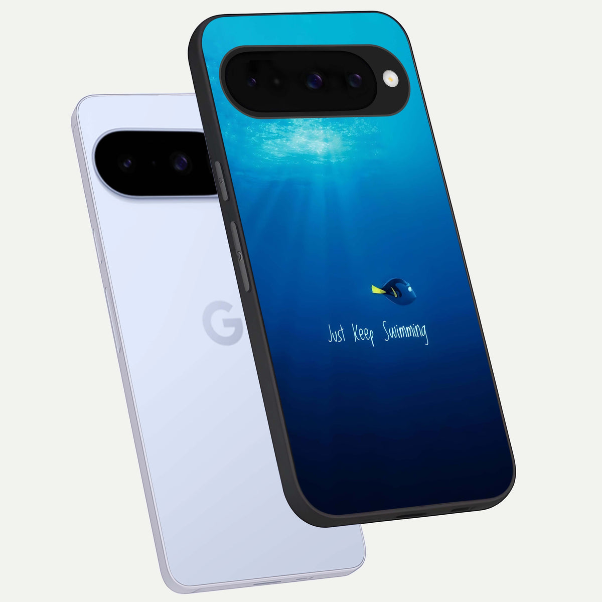  Just Keep Swimming phone case For Google Pixel 10 showing premium glass back cover with detailed artwork