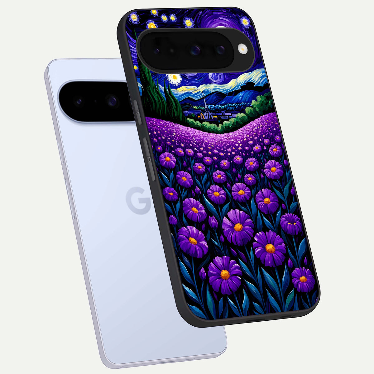  Lavender Moon Field phone case For Google Pixel 10 showing premium glass back cover with detailed artwork
