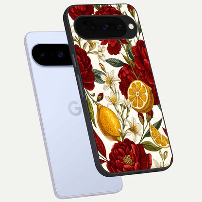  Lemon Rose Charm phone case For Google Pixel 10 showing premium glass back cover with detailed artwork
