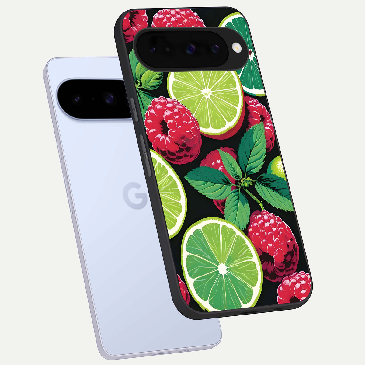  Lime and Raspberry Pattern phone case For Google Pixel 10 showing premium glass back cover with detailed artwork