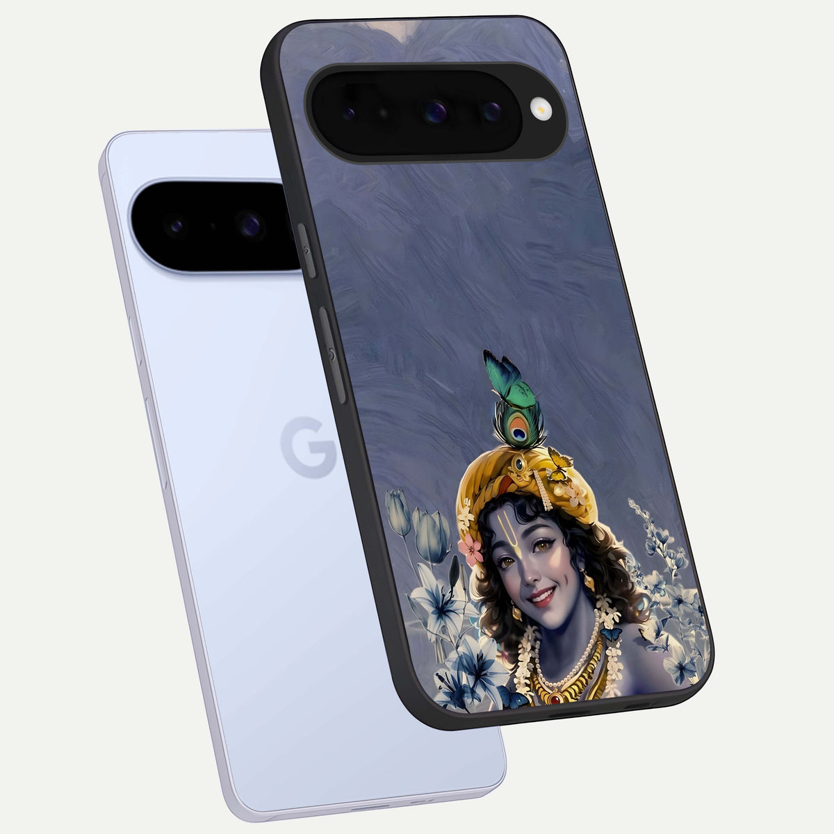  Lord Krishna phone case For Google Pixel 10 showing premium glass back cover with detailed artwork