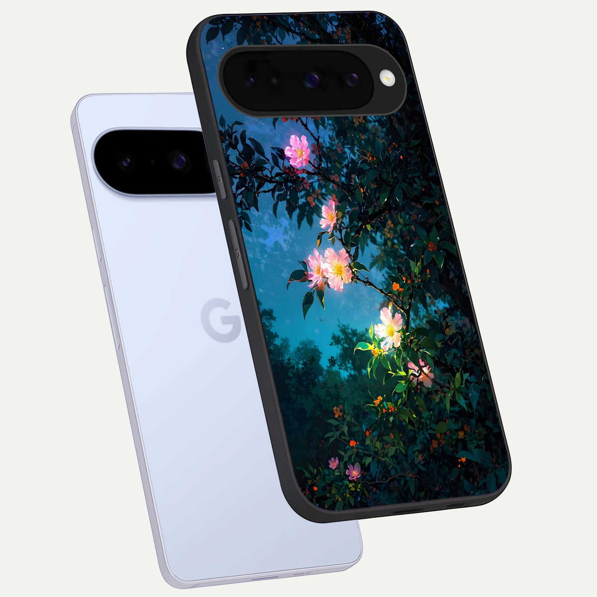  Midnight Bloom Glow phone case For Google Pixel 10 showing premium glass back cover with detailed artwork
