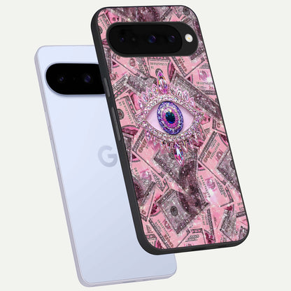  Money Eye Luxe phone case For Google Pixel 10 showing premium glass back cover with detailed artwork