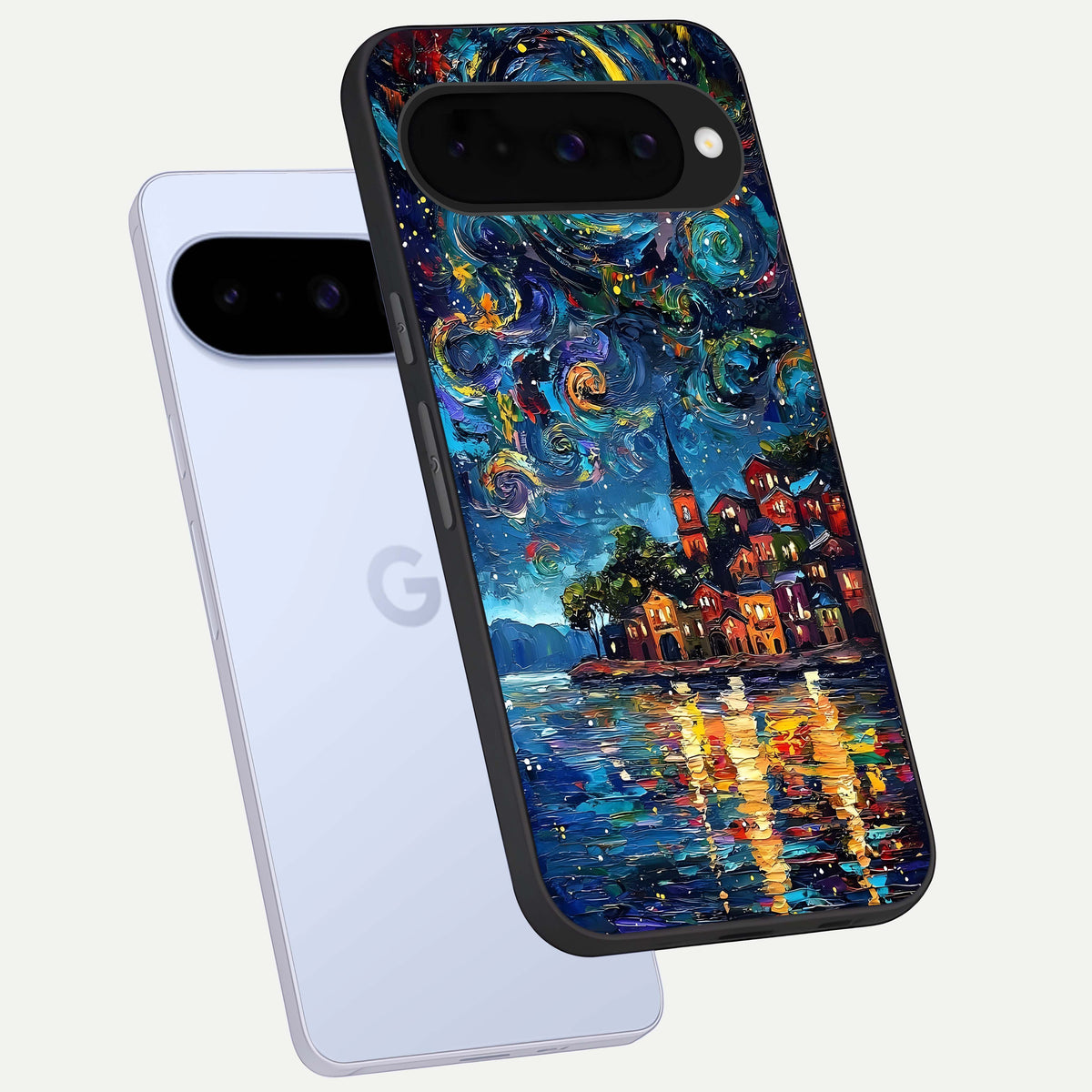  Moonlight Harbor Glow phone case For Google Pixel 10 showing premium glass back cover with detailed artwork