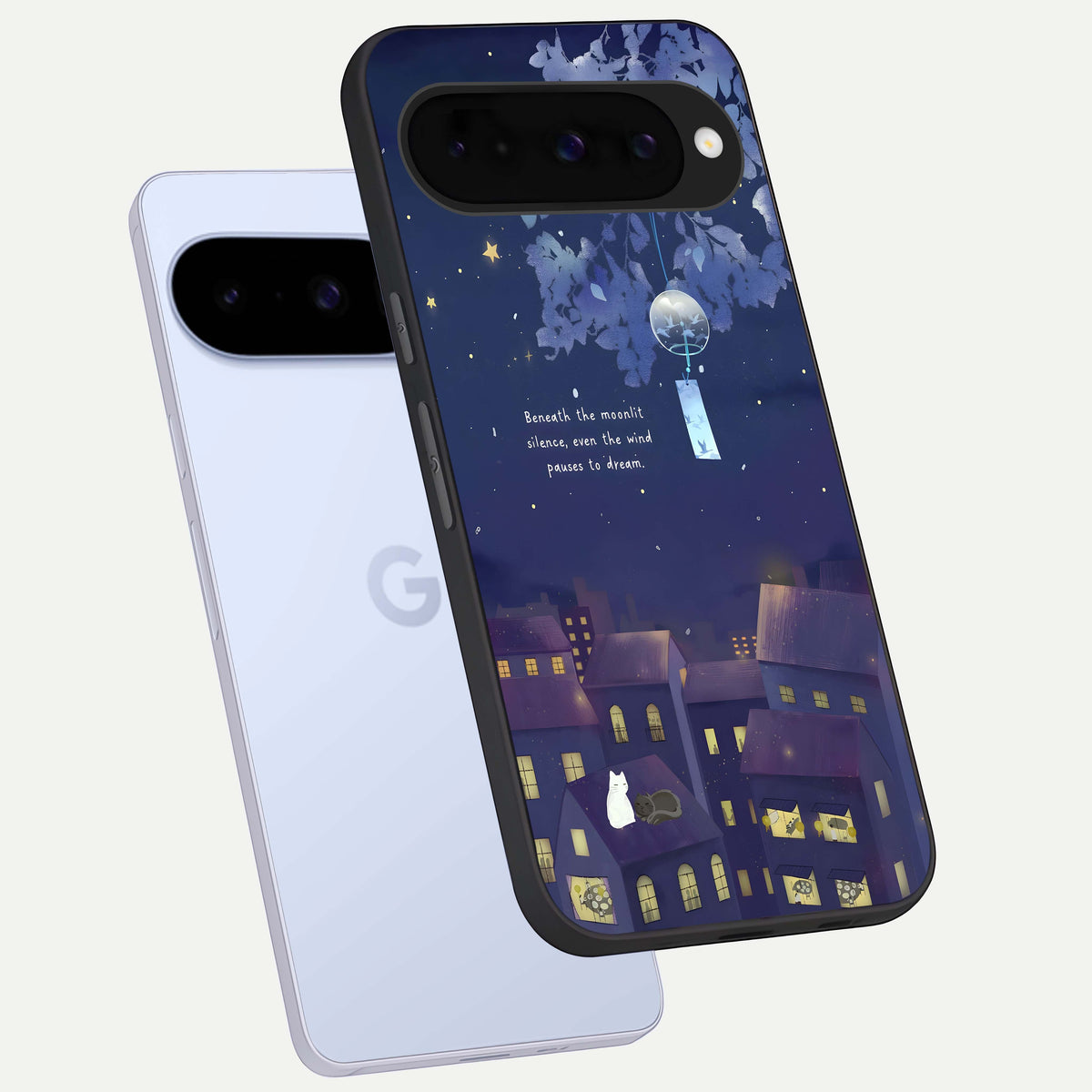  Moonlit Cat Silence phone case For Google Pixel 10 showing premium glass back cover with detailed artwork
