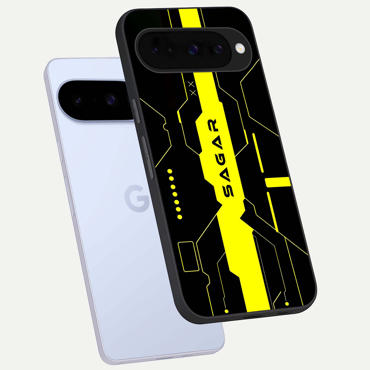  Neon CYBERPUNK Custom Name phone case For Google Pixel 10 showing premium glass back cover with detailed artwork