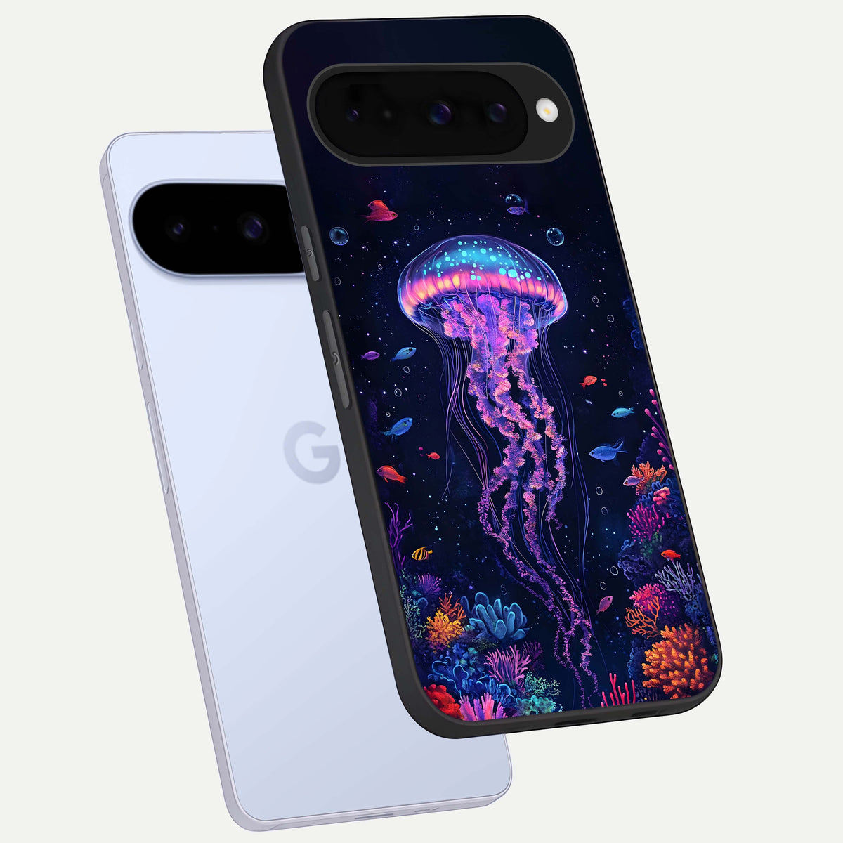 Neon Jellyfish phone case For Google Pixel 10 showing premium glass back cover with detailed artwork