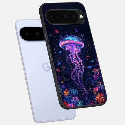  Neon Jellyfish phone case For Google Pixel 10 showing premium glass back cover with detailed artwork