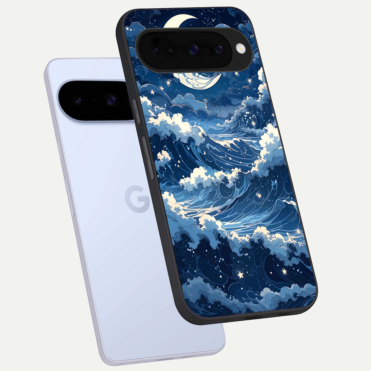  Ocean Moon Waves phone case For Google Pixel 10 showing premium glass back cover with detailed artwork