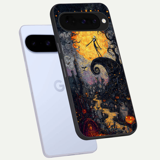  Pumpkin Moon Night phone case For Google Pixel 10 showing premium glass back cover with detailed artwork