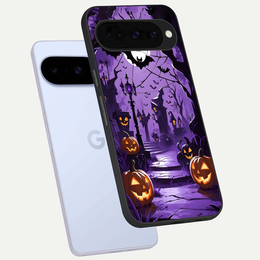  Pumpkin Patch Halloween phone case For Google Pixel 10 showing premium glass back cover with detailed artwork