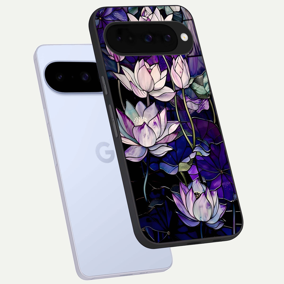  Purple Lotus Pattern phone case For Google Pixel 10 showing premium glass back cover with detailed artwork