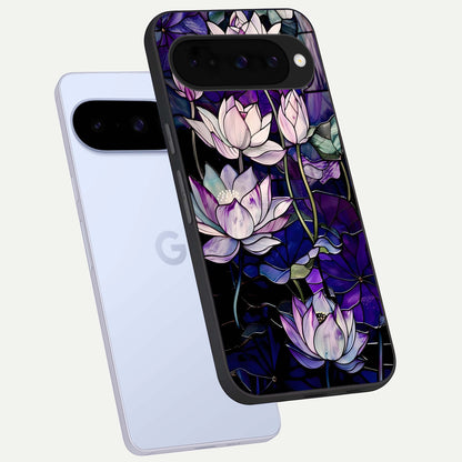  Purple Lotus Pattern phone case For Google Pixel 10 showing premium glass back cover with detailed artwork