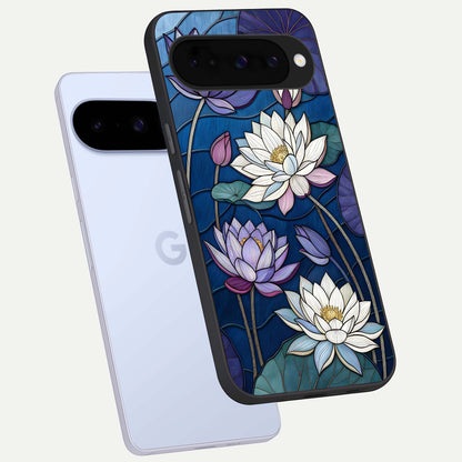  Purple Lotus Stained phone case For Google Pixel 10 showing premium glass back cover with detailed artwork