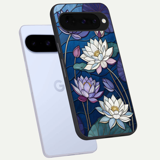  Purple Lotus Stained phone case For Google Pixel 10 showing premium glass back cover with detailed artwork
