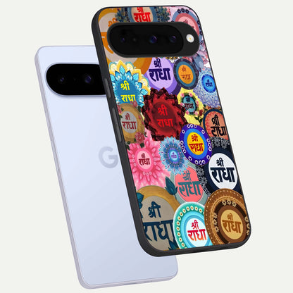  Radha Divine Bloom phone case For Google Pixel 10 showing premium glass back cover with detailed artwork