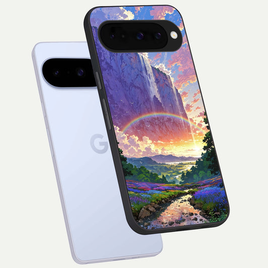  Rainbow Valley Dream phone case For Google Pixel 10 showing premium glass back cover with detailed artwork