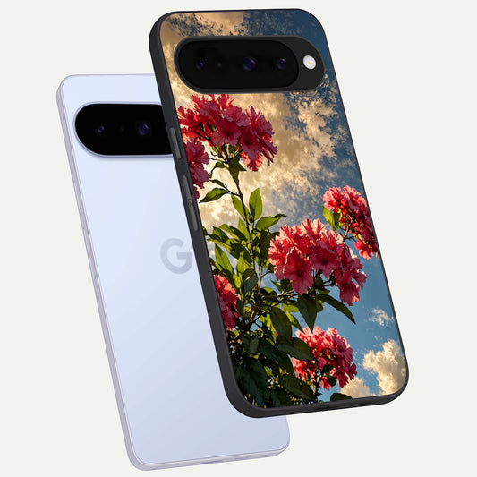  Red Bloom Skies phone case For Google Pixel 10 showing premium glass back cover with detailed artwork