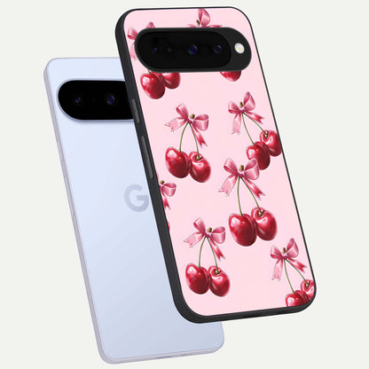  Red Cherries Pattern phone case For Google Pixel 10 showing premium glass back cover with detailed artwork