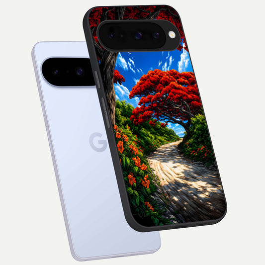  Red Trees Pathway phone case For Google Pixel 10 showing premium glass back cover with detailed artwork
