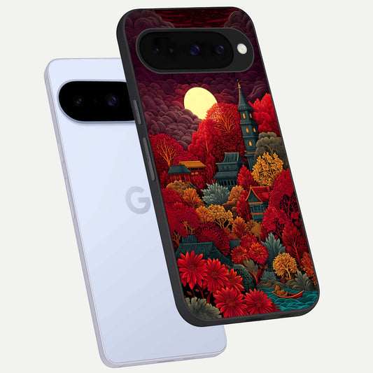  Scarlet Autumn Temple phone case For Google Pixel 10 showing premium glass back cover with detailed artwork