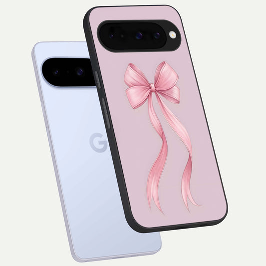  Soft Blush Bow phone case For Google Pixel 10 showing premium glass back cover with detailed artwork