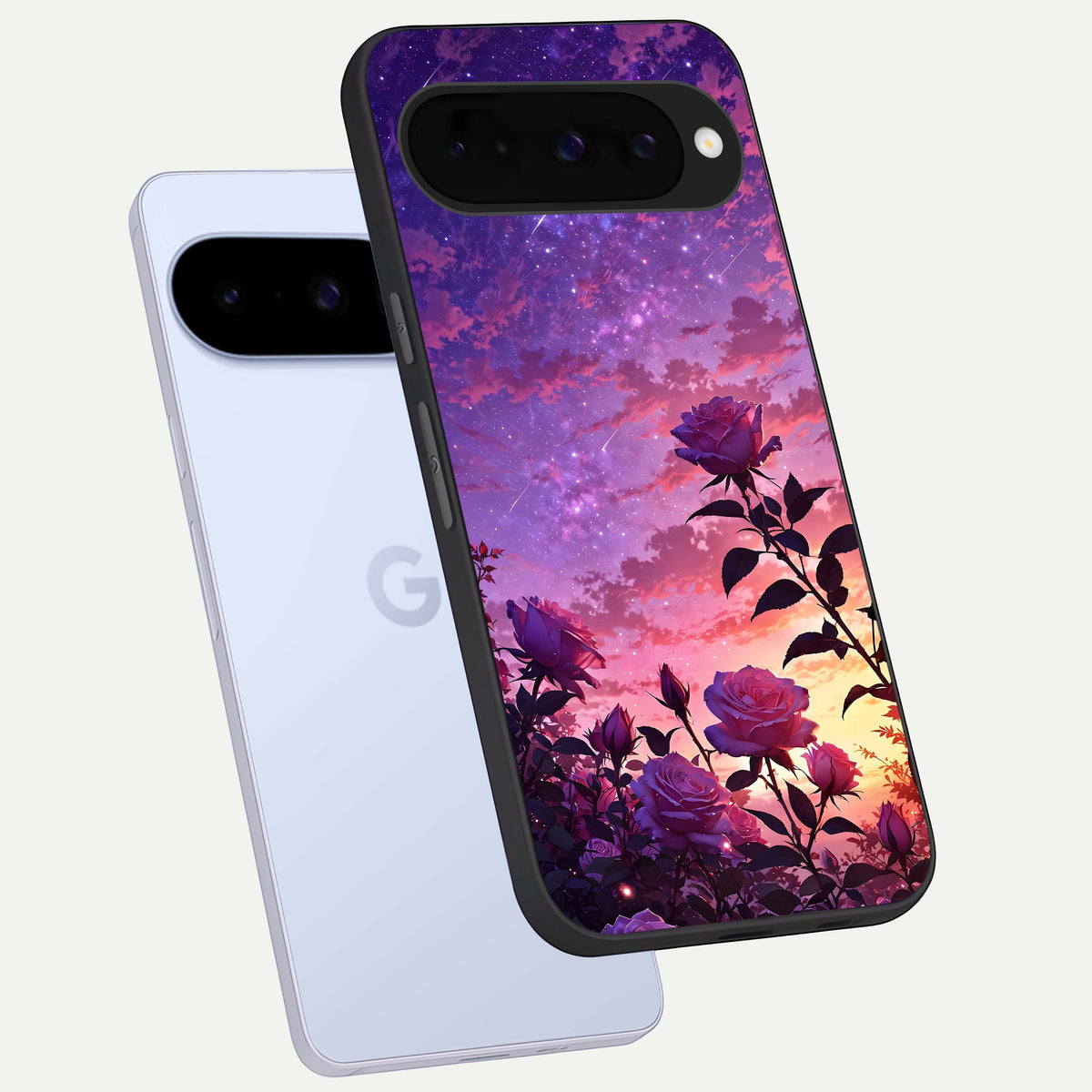  Starlit Rose Twilight phone case For Google Pixel 10 showing premium glass back cover with detailed artwork