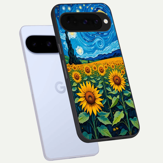  Starry Sunflower Dreams phone case For Google Pixel 10 showing premium glass back cover with detailed artwork