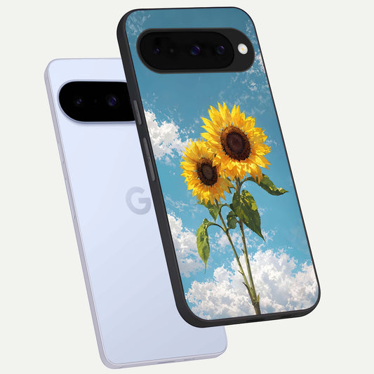  Sunlit Daisy Glow phone case For Google Pixel 10 showing premium glass back cover with detailed artwork