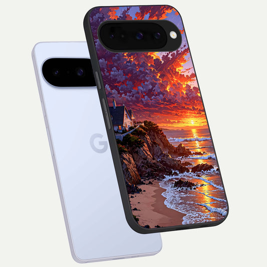  Sunset House By Sea phone case For Google Pixel 10 showing premium glass back cover with detailed artwork
