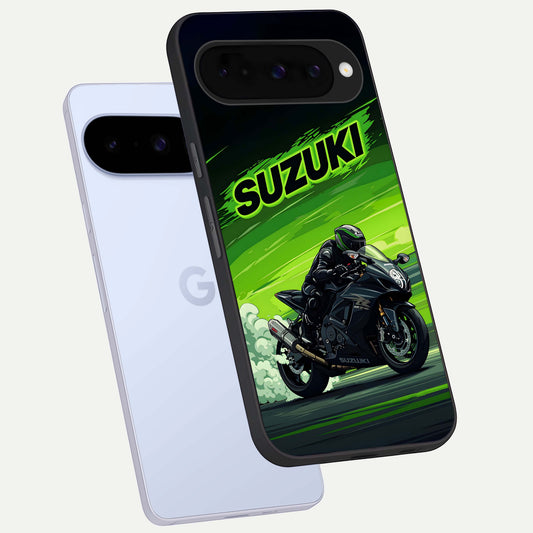  Suzuki Speed Beast phone case For Google Pixel 10 showing premium glass back cover with detailed artwork