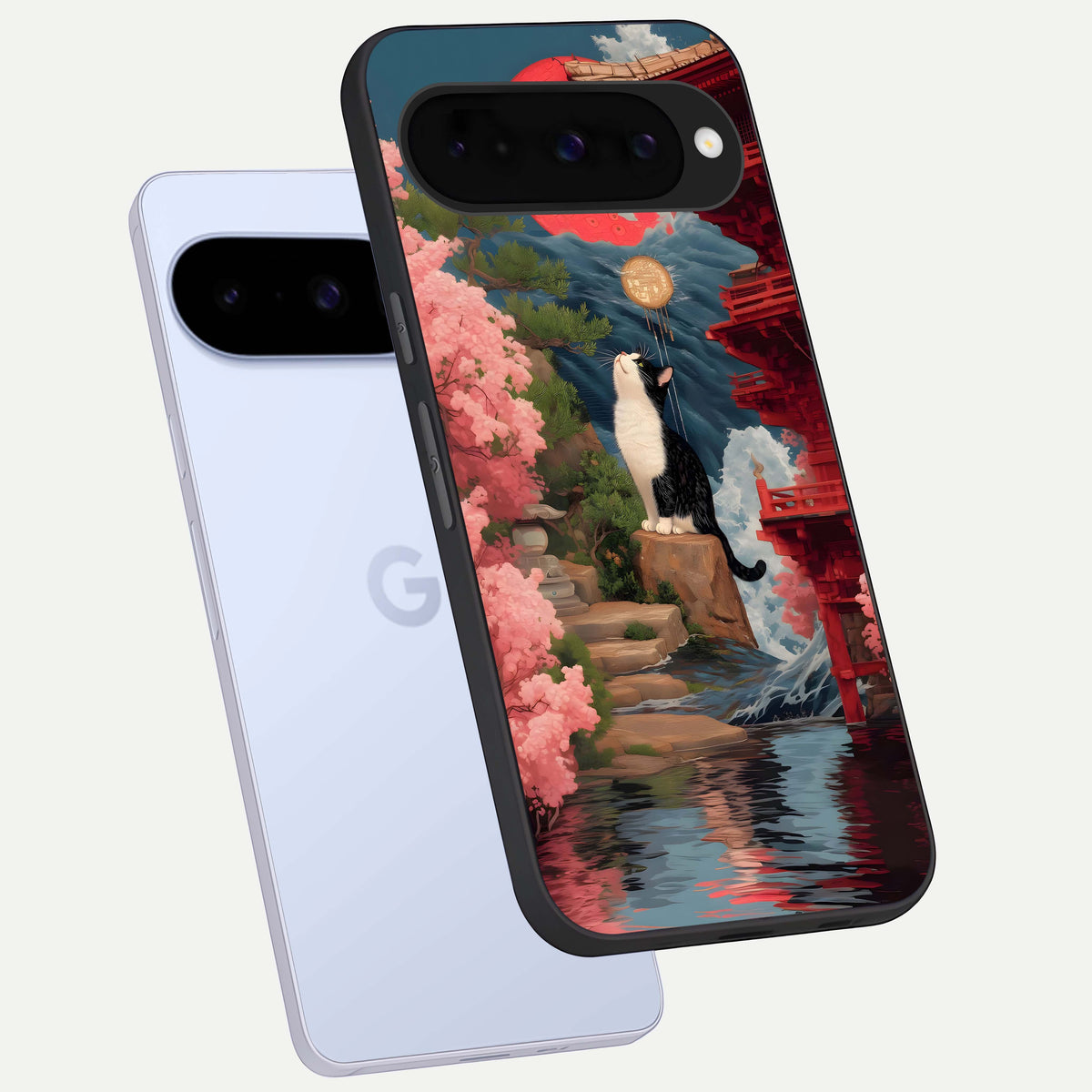  Temple Cat Scenery phone case For Google Pixel 10 showing premium glass back cover with detailed artwork